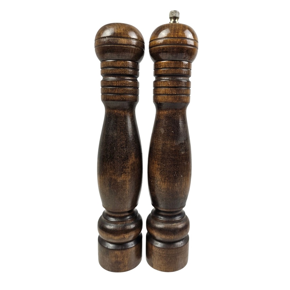 Vintage Dark Wood Salt Shaker and Pepper Mill Set 10‎ Inch Spindle Turned Brown
